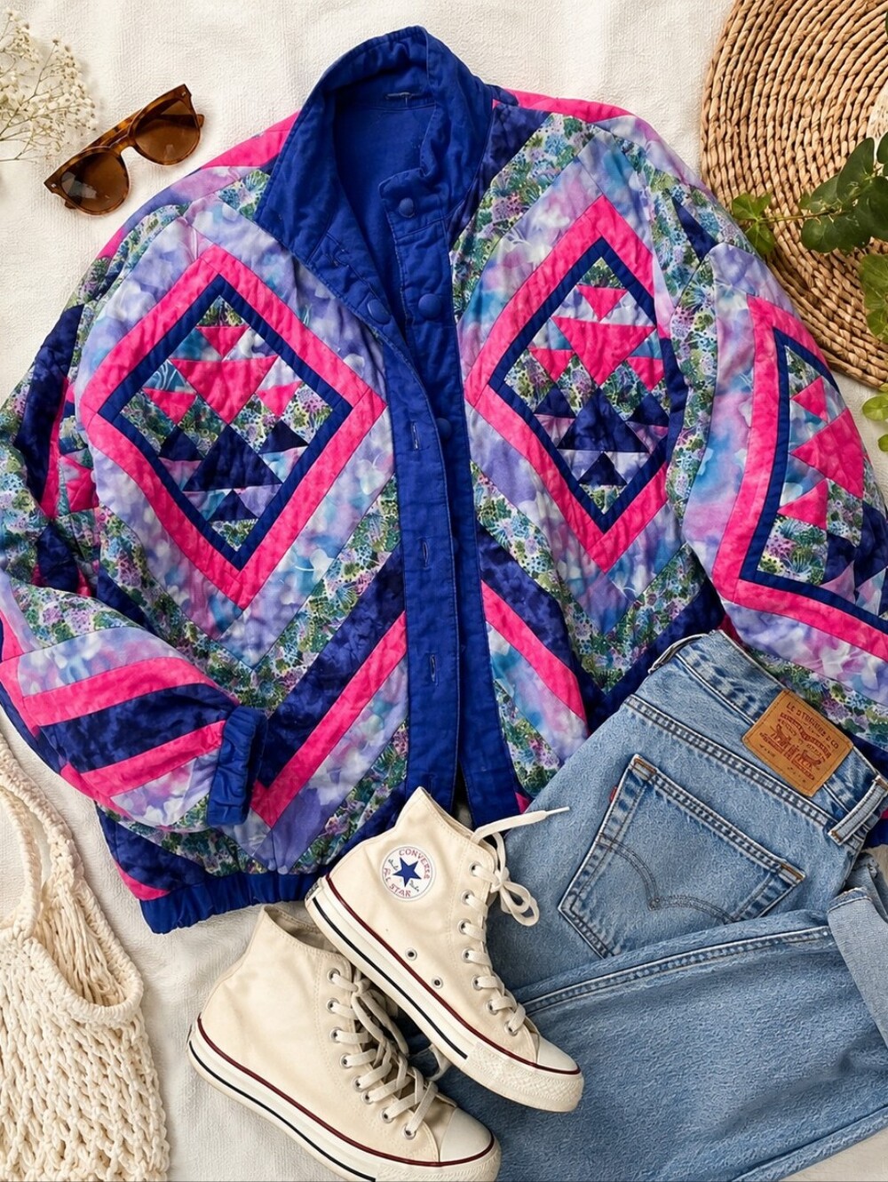 Vintage Handmade Quilted Jacket Patchwork 90s Oversized Colorful Coat